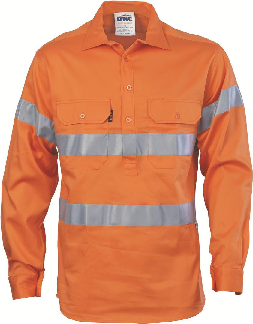 DNC HiVis Close Front L/S Gusset Sleeve Cotton Drill Shirt with 3M R/T (3848)