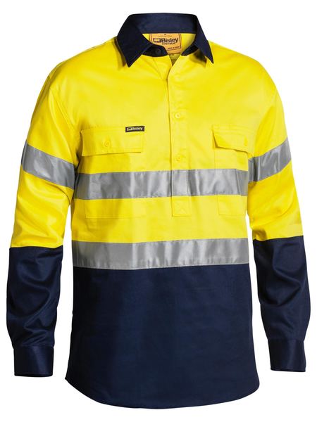 Bisley 2 Tone Closed Front Hi Vis Drill Shirt 3M Reflective Tape - Long Sleeve-(BTC6456)
