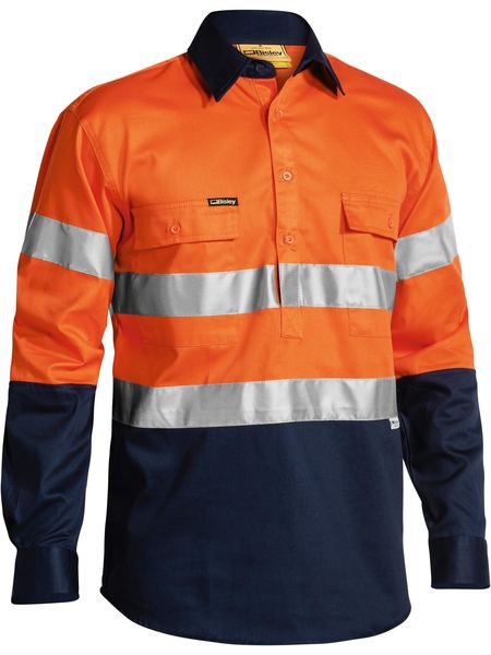 Bisley 2 Tone Closed Front Hi Vis Drill Shirt 3M Reflective Tape - Long Sleeve-(BTC6456)