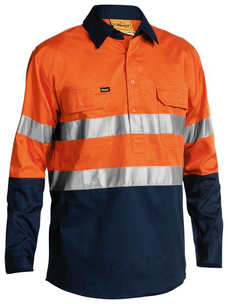 Bisley 2 Tone Hi Vis Cool Lightweight Closed Front Shirt 3M Reflective Tape - Long Sleeve-(BSC6896)